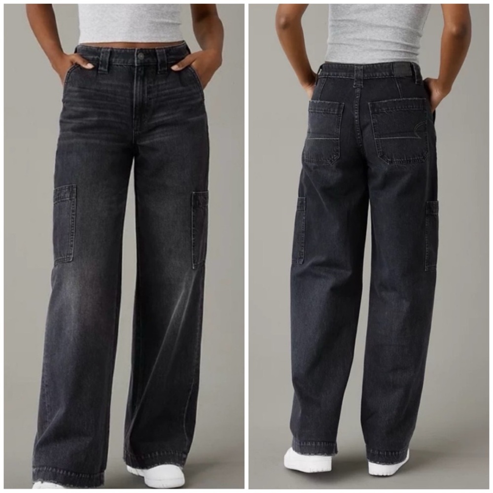 American Eagle Outfitters Wide Leg Flare Jeans - Washed Black